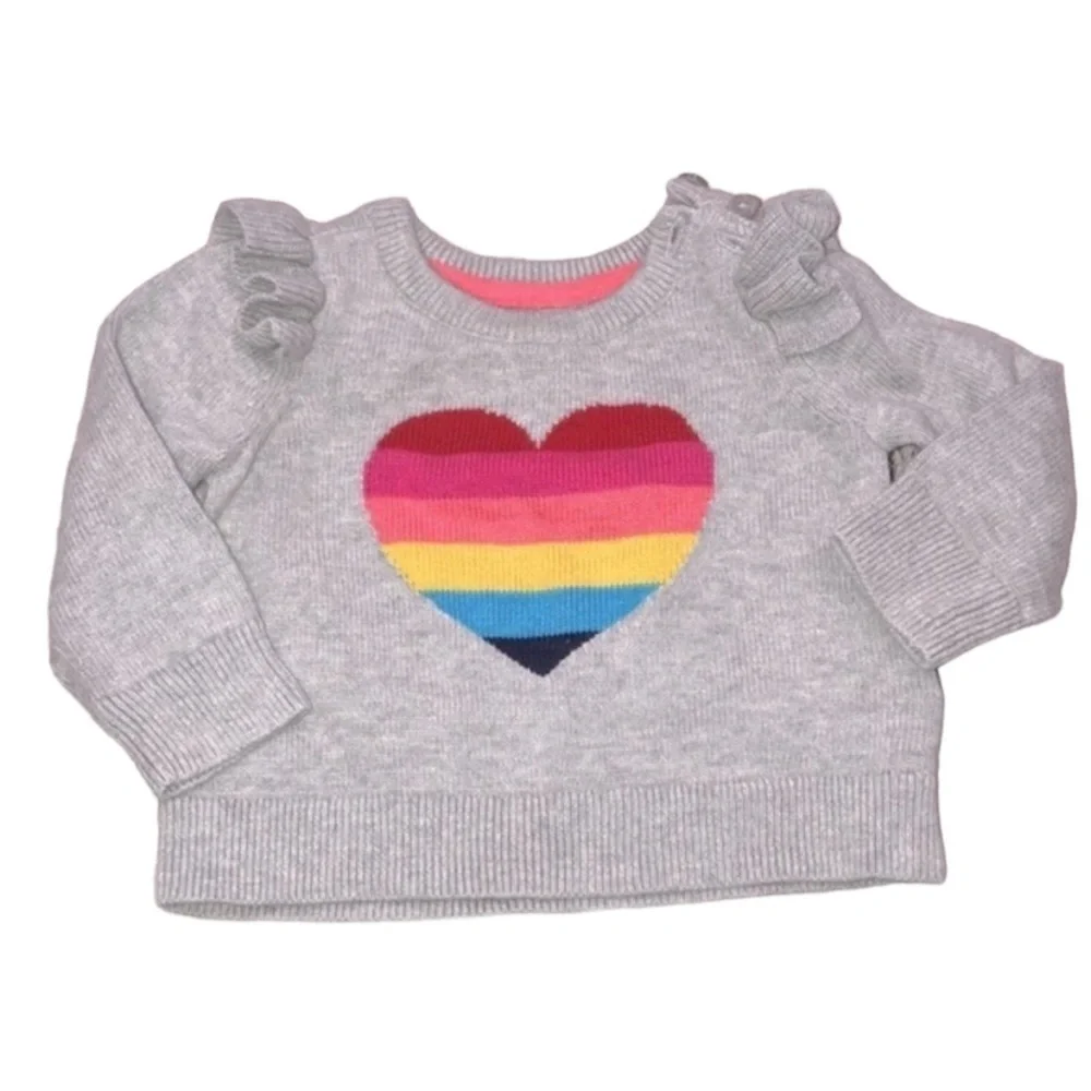 Baby Gap grey rainbow heart sweater with ruffle sleeves size 0-3 months
